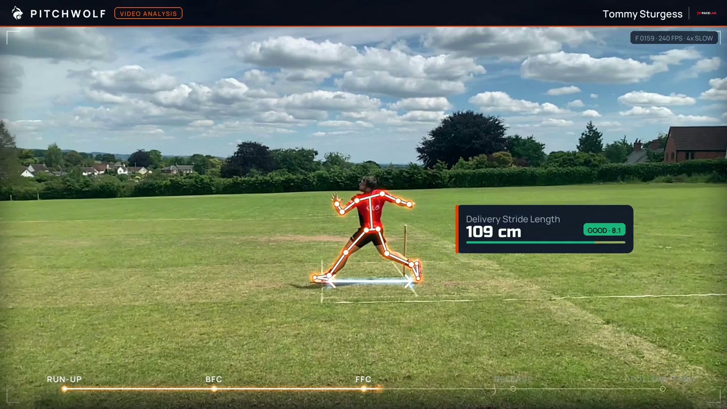 Tommy paused at delivery stride with a 109 centimetre stride measurement